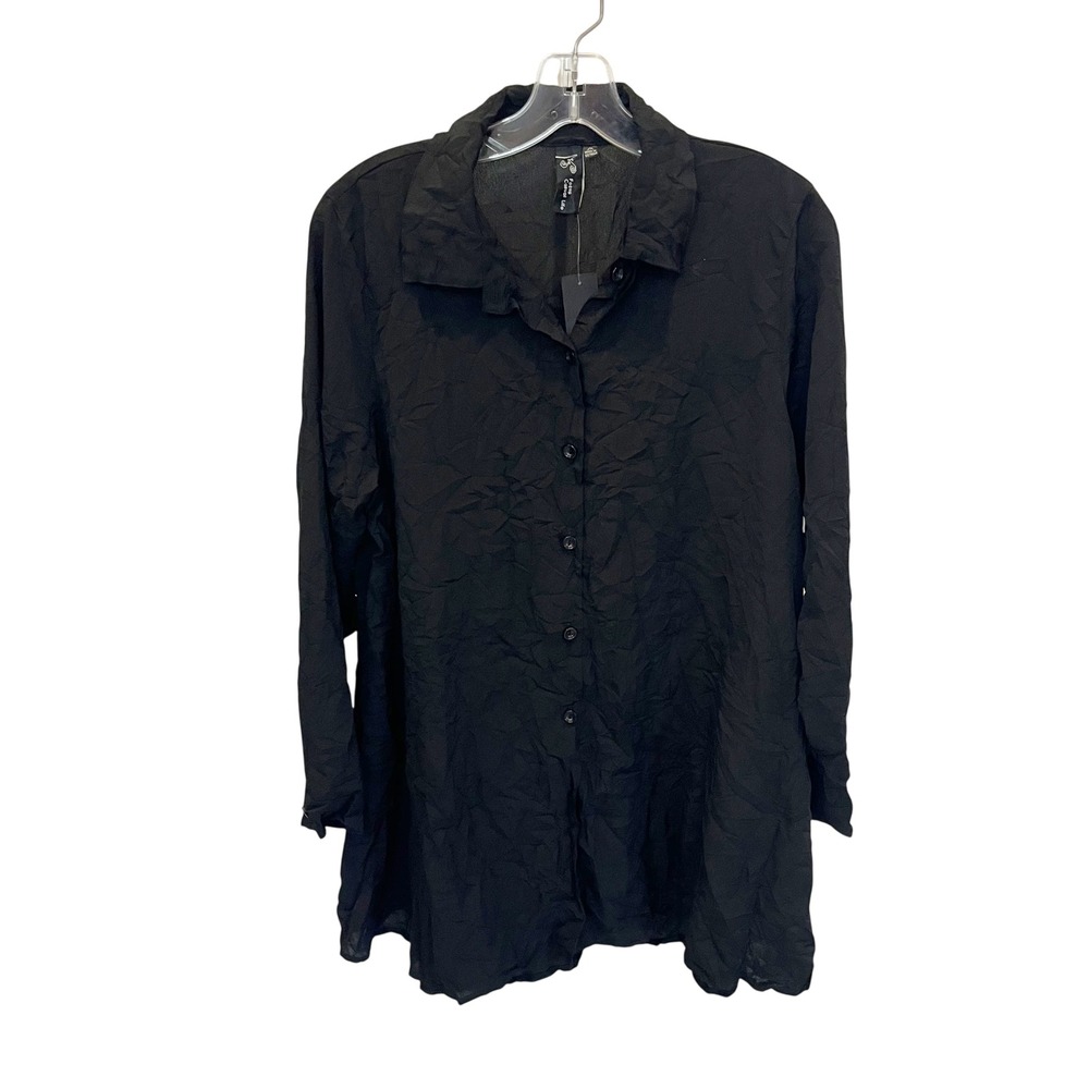 NEW Focus Casual Life Black Crinkle Button Down Shirt Artsy Lagenlook Sz Medium